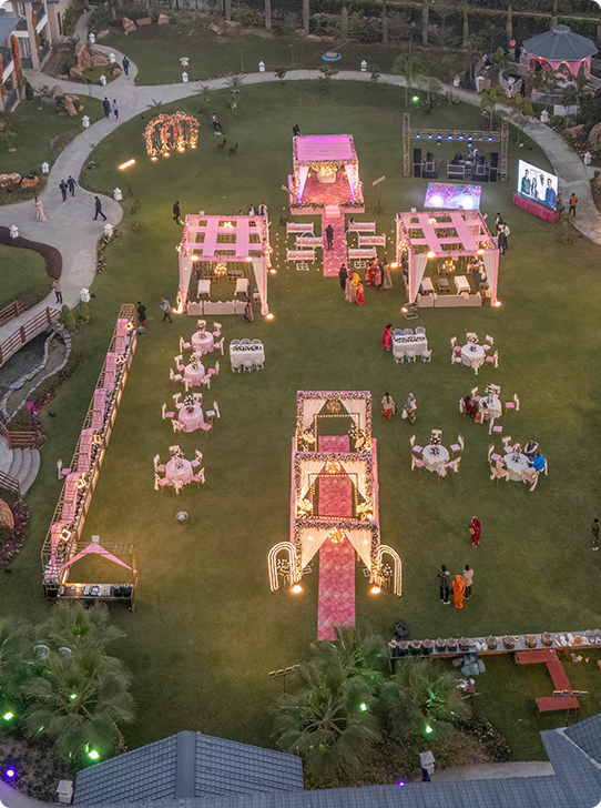 Aerial view of a wedding celebration on the resort lawns